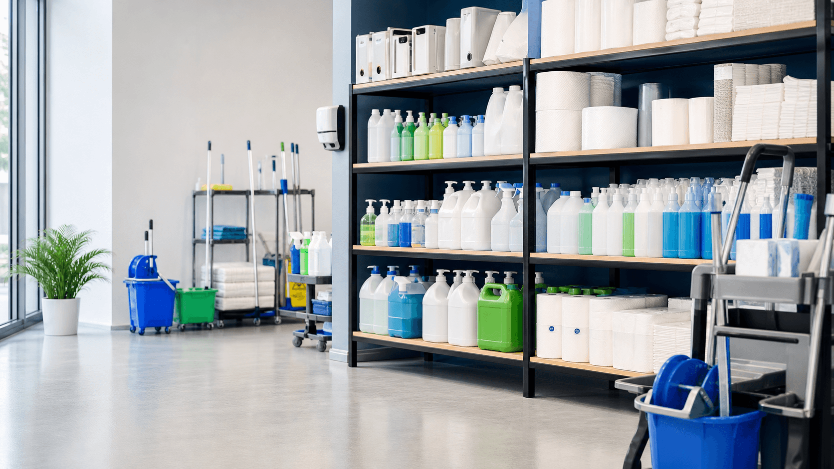 Produtos profissionais de higiene e limpeza organizados em prateleiras